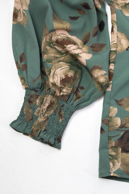  Dora Floral Smocked Detail Blouse, Deep Sage Multi | Extended Sizes