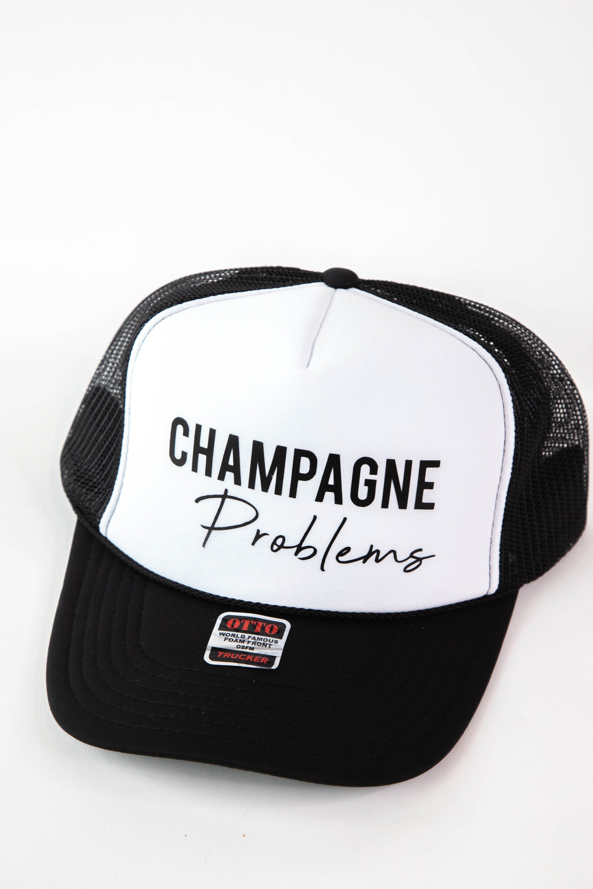 Champagne Problems Foam Trucker Hat, Black/White