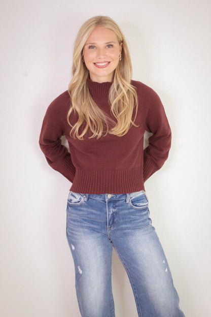  Roxy Mock Neck Rib Detail Sweater, Red Wood