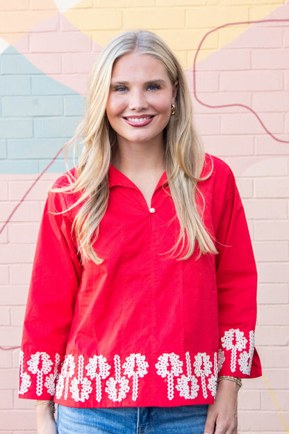  Katie 3D Floral Trim Accent Top, Red