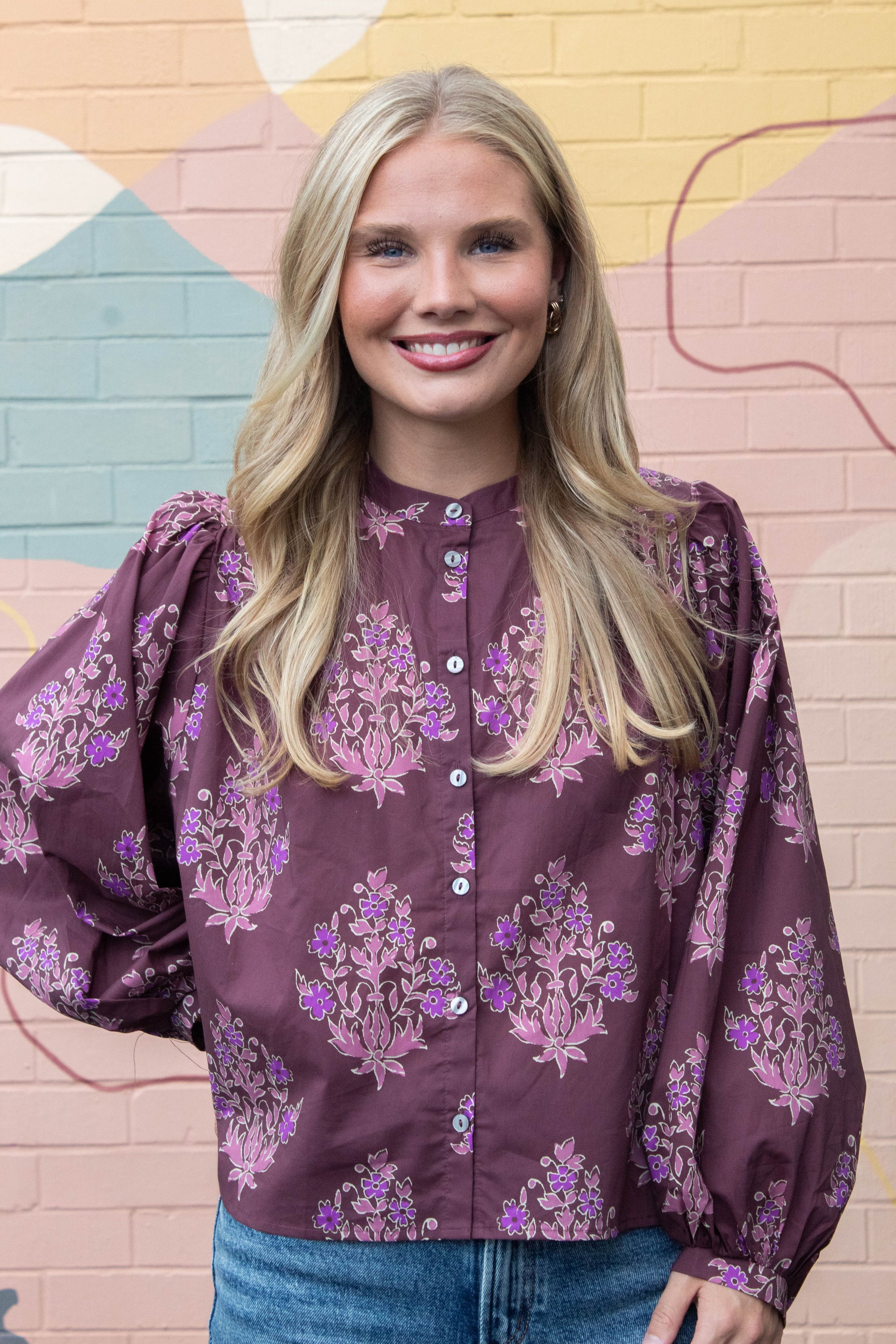  Wren Block Floral Blouse, Burgundy