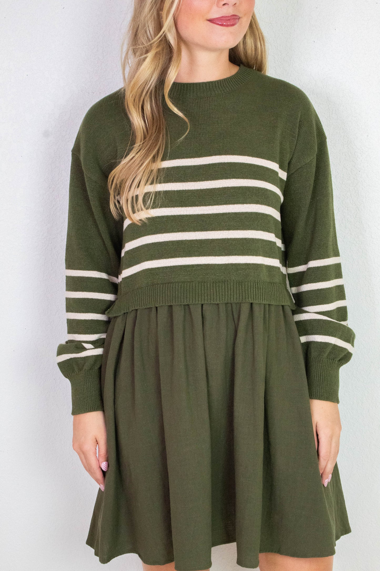  Holland Striped Mix Media Dress, Olive-Cream Stripe