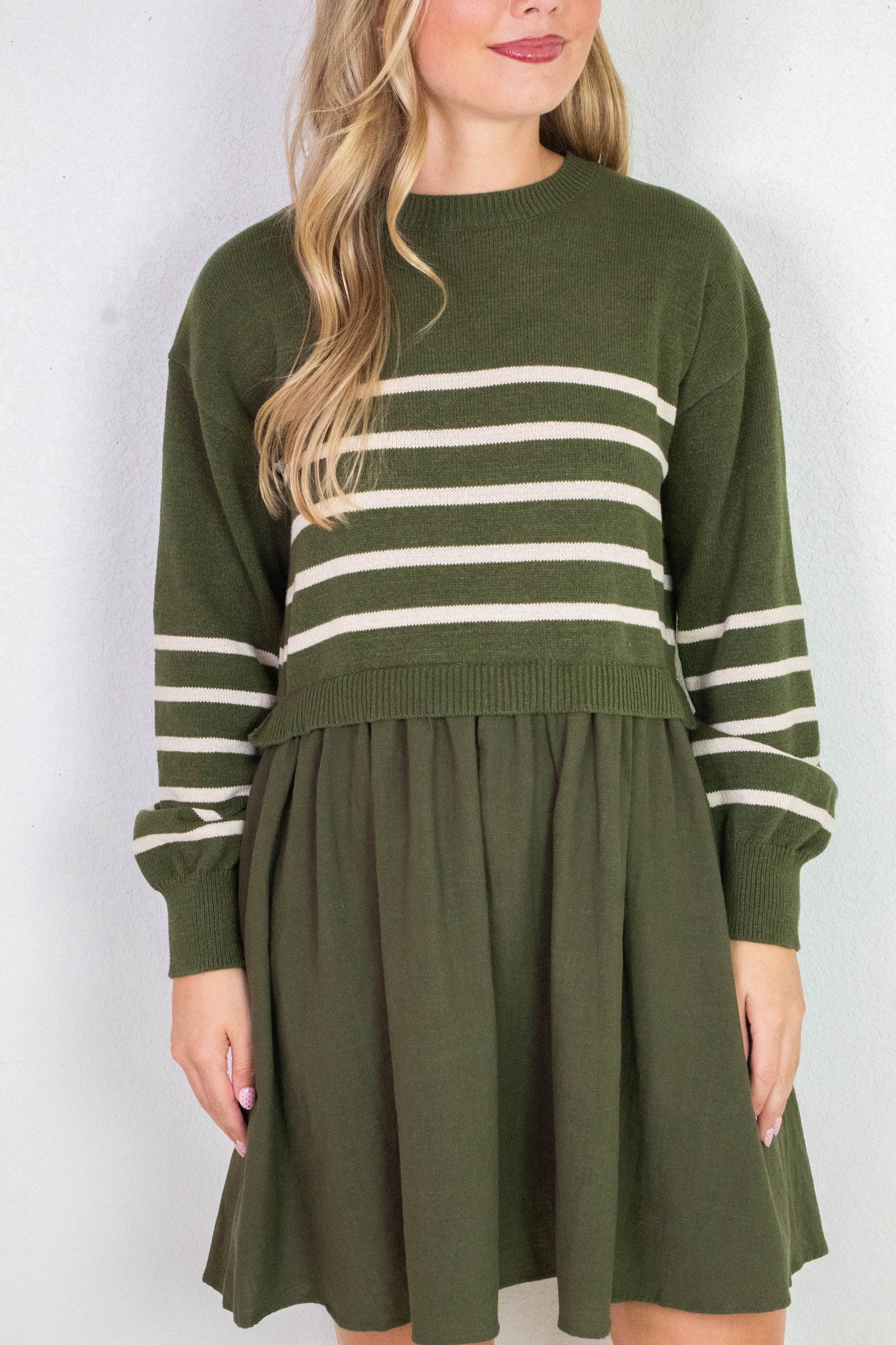  Holland Striped Mix Media Dress, Olive-Cream Stripe