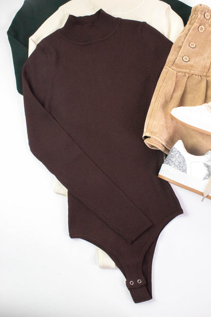  Bella High Neck Ribbed Bodysuit, Brown
