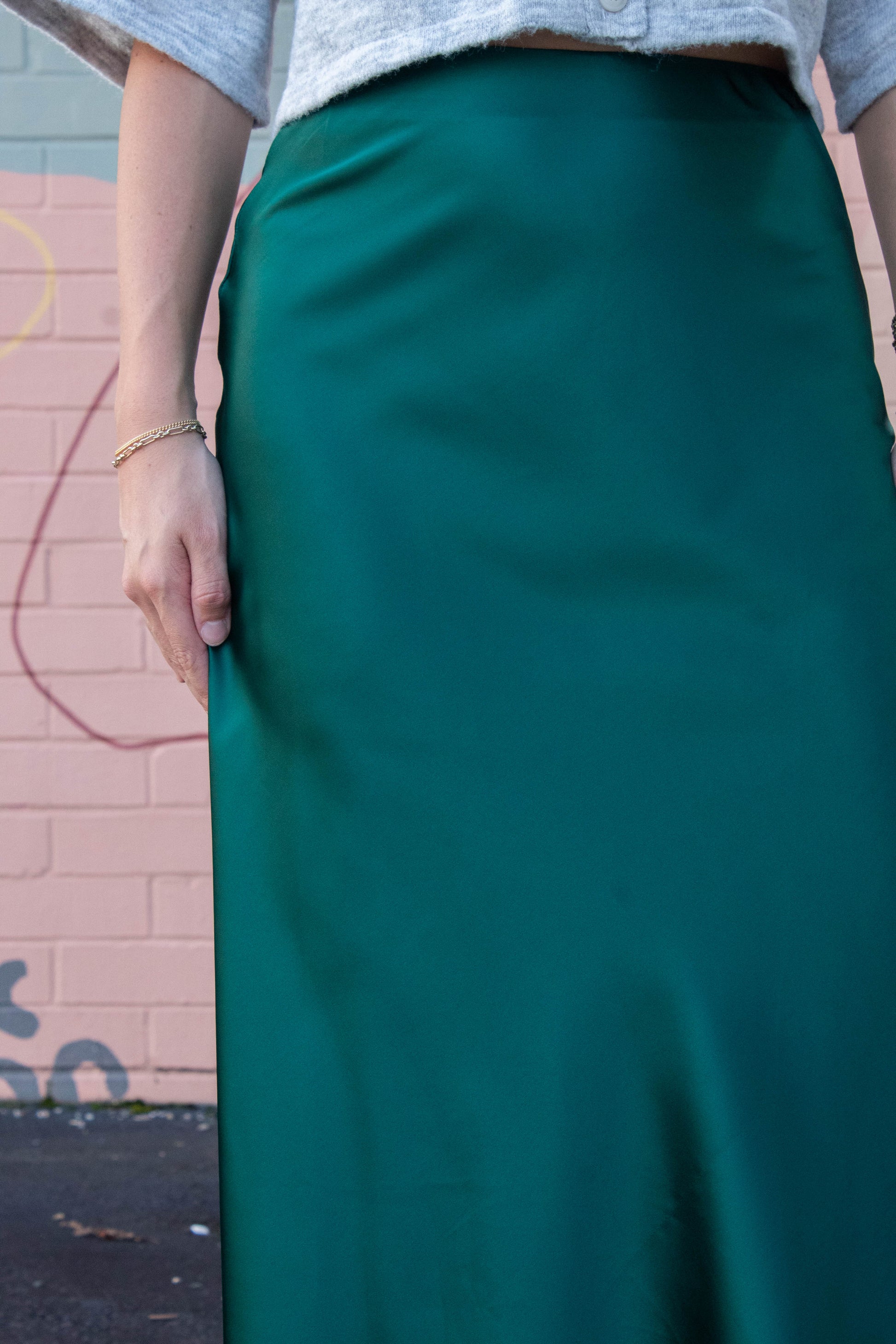  Stevie Satin Bias Midi Skirt, Sea Green