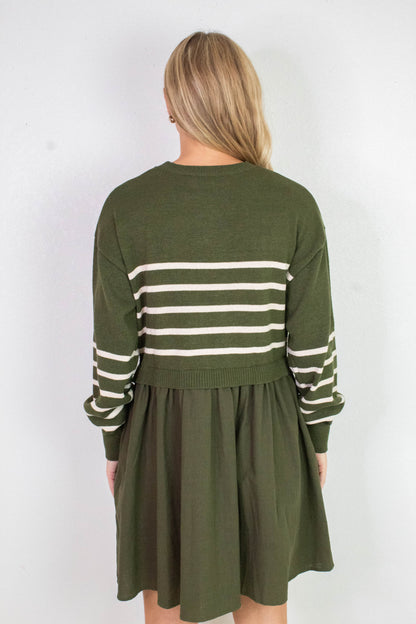  Holland Striped Mix Media Dress, Olive-Cream Stripe