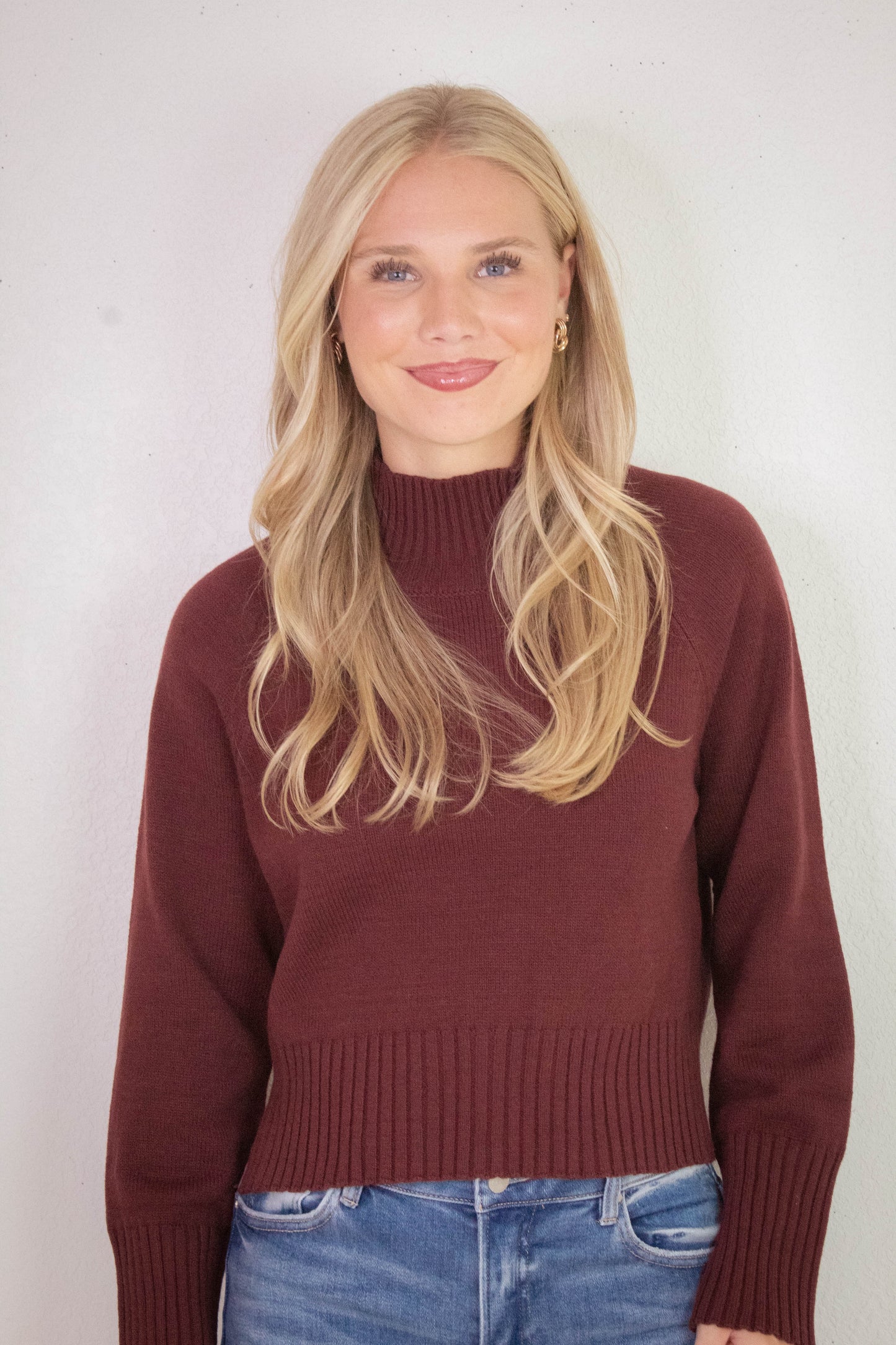  Roxy Mock Neck Rib Detail Sweater, Red Wood