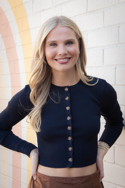  Josie Rib Knit Cropped Cardigan, Navy