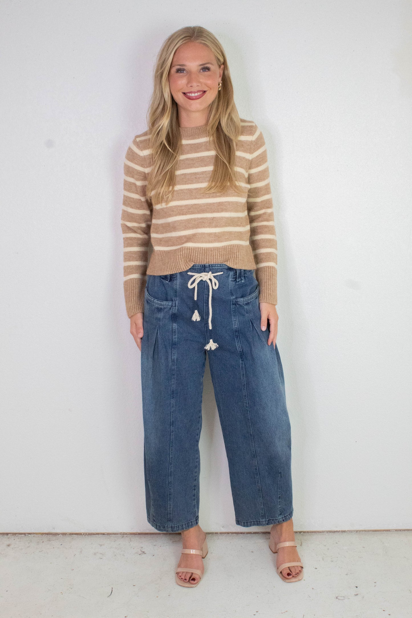  Raya Drawstring Barrel Leg Pants, Washed Denim