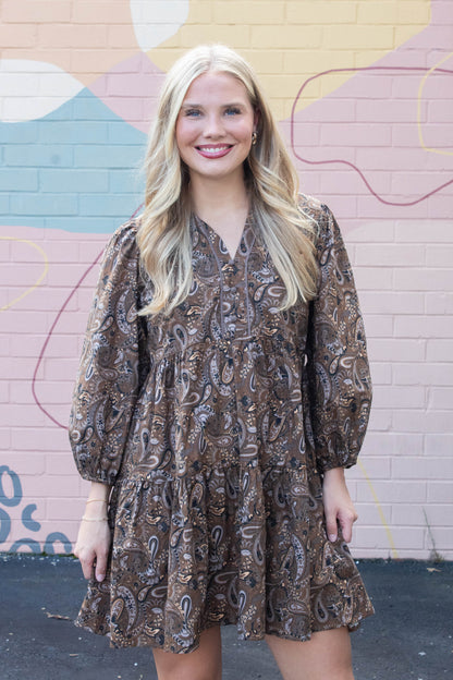  Adaline Paisley Print Mini Dress, Brown