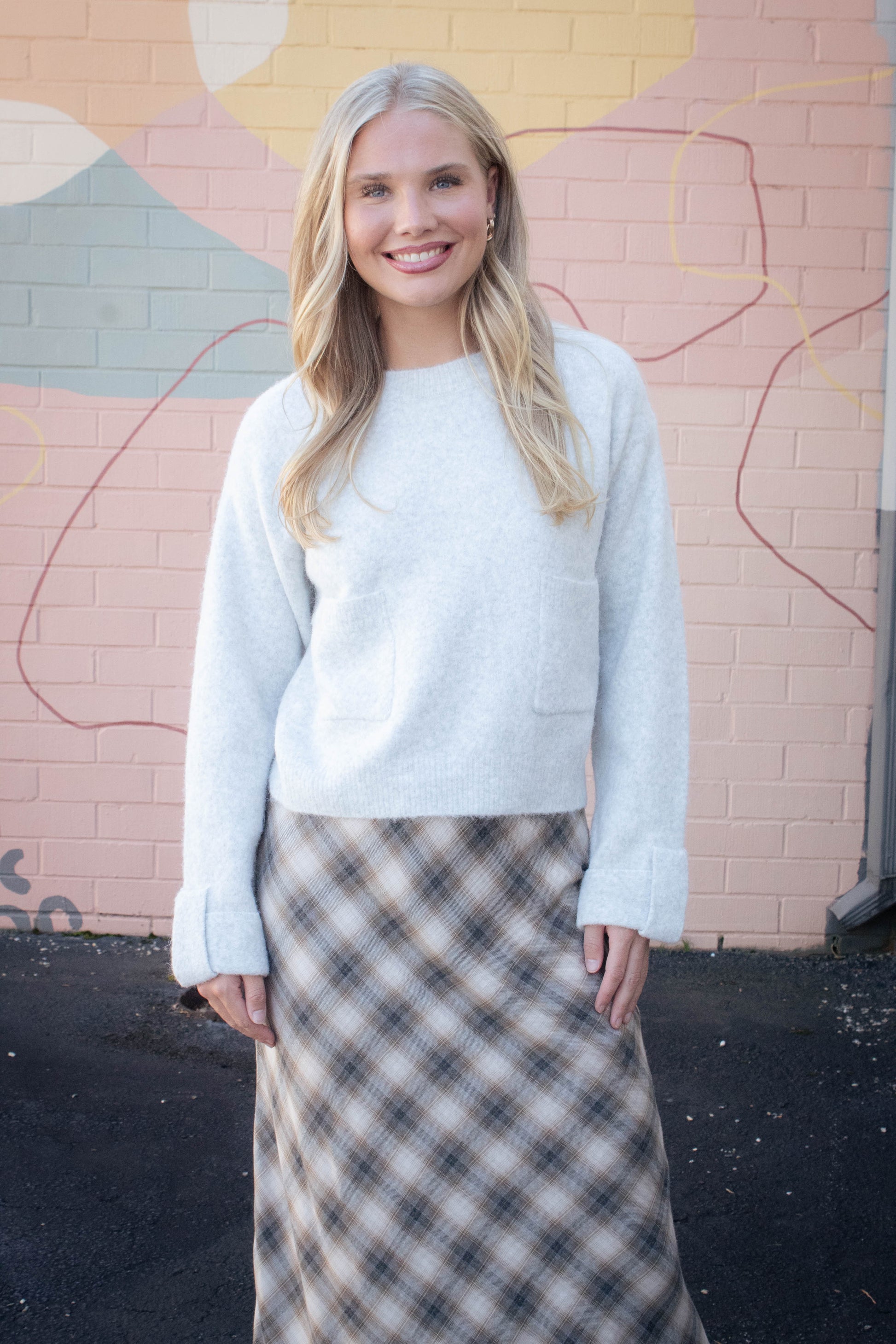  Lila Cuff Detail Pocket Sweater, Heather Grey