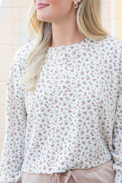  Liliana Floral Henley Rib Knit Top, Brown Multi