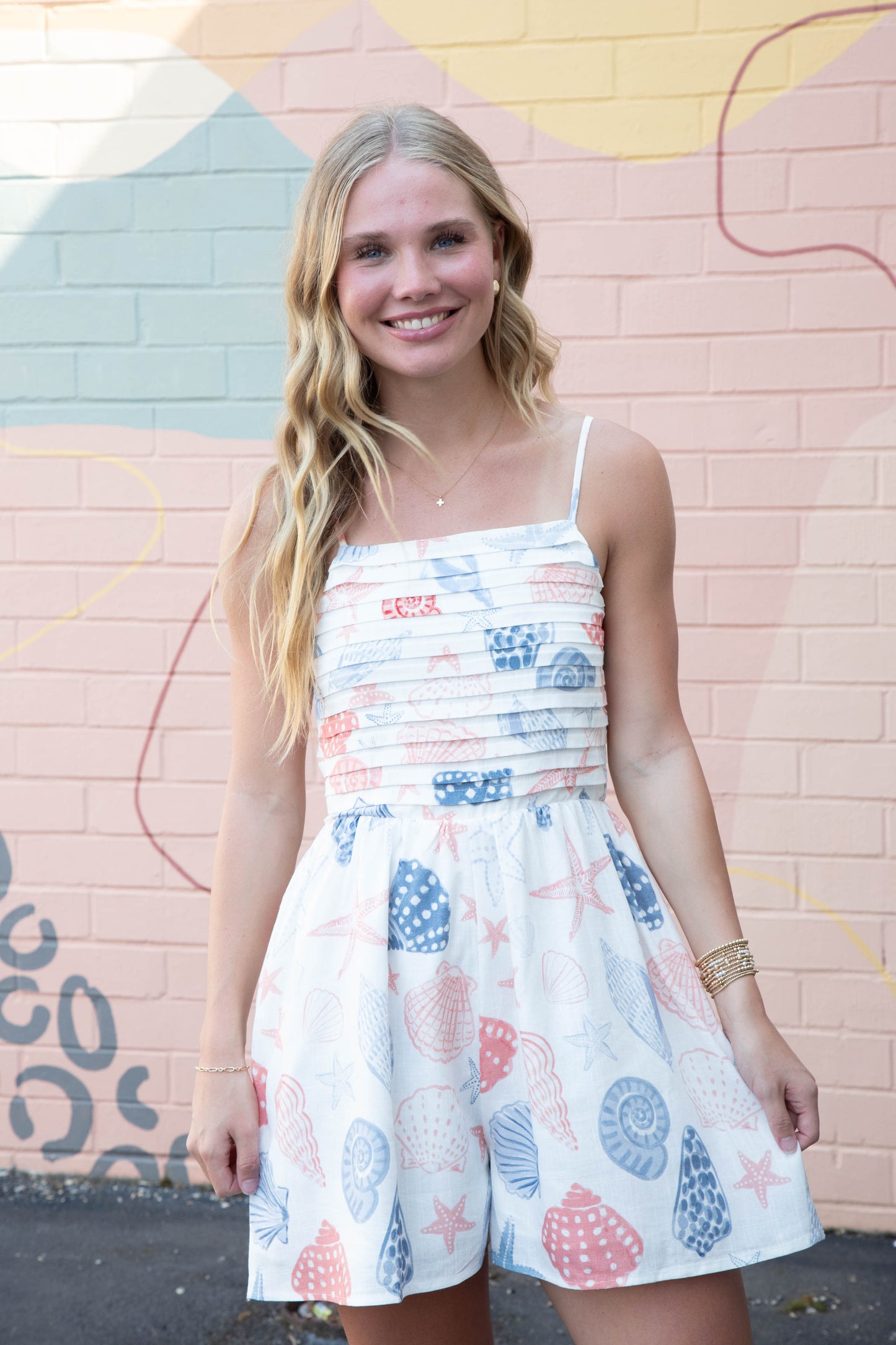  Seashells Pleated Bodice Romper, White Multi | Sadie & Sage