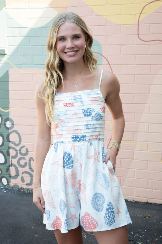  Seashells Pleated Bodice Romper, White Multi | Sadie & Sage