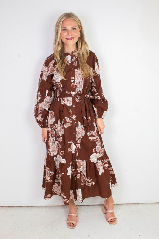  Monroe Floral Belted Maxi Dress, Brown