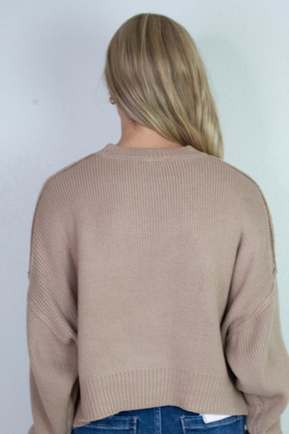  Camila Round Neck Cropped Sweater, Dark Taupe