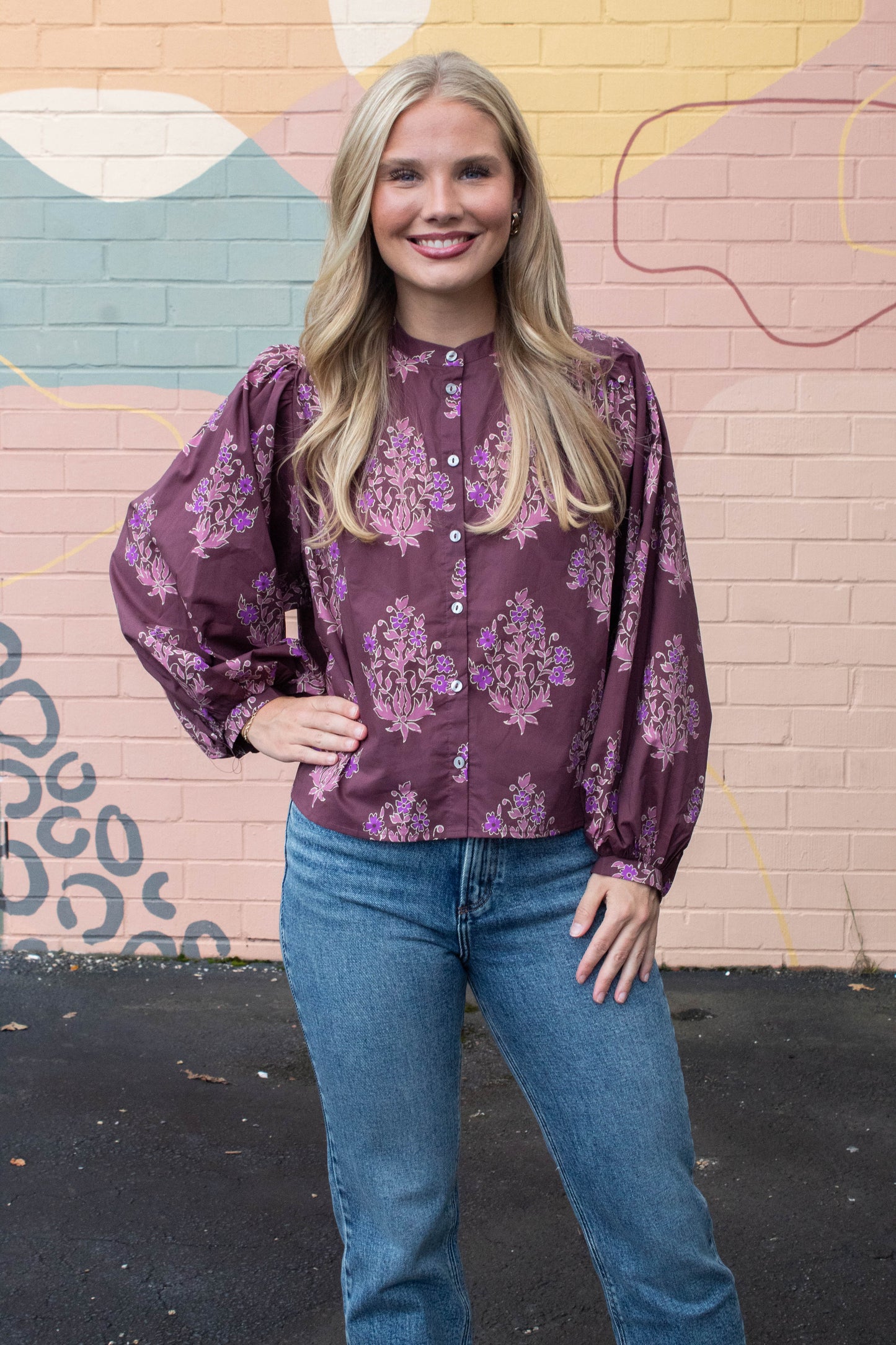  Wren Block Floral Blouse, Burgundy