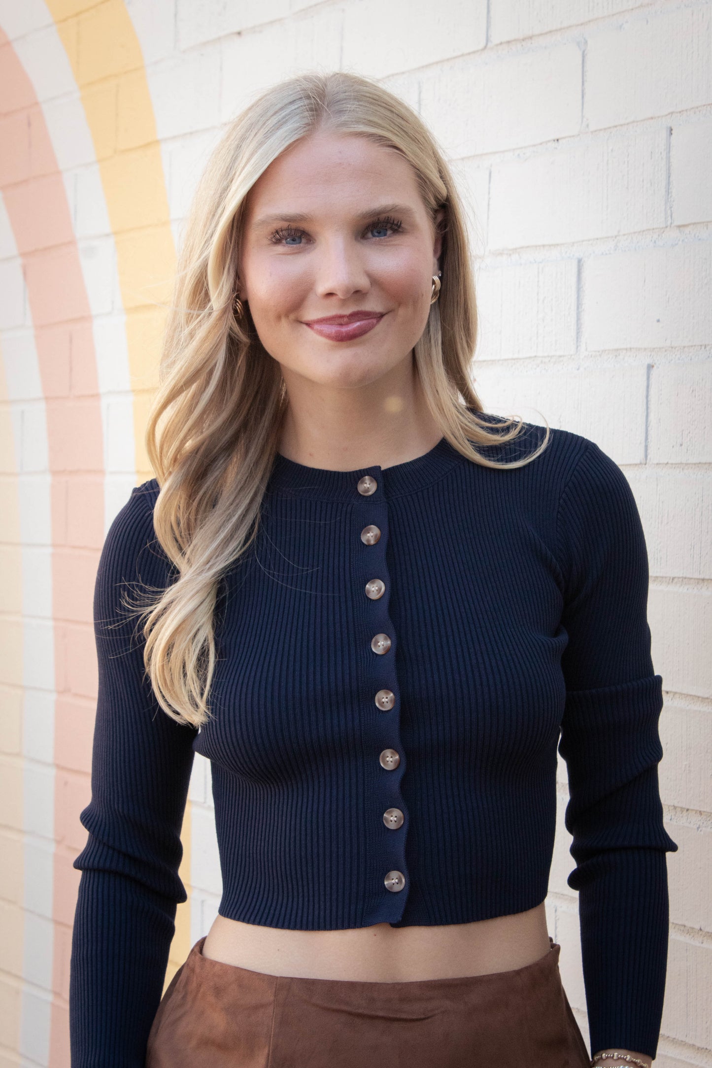  Josie Rib Knit Cropped Cardigan, Navy