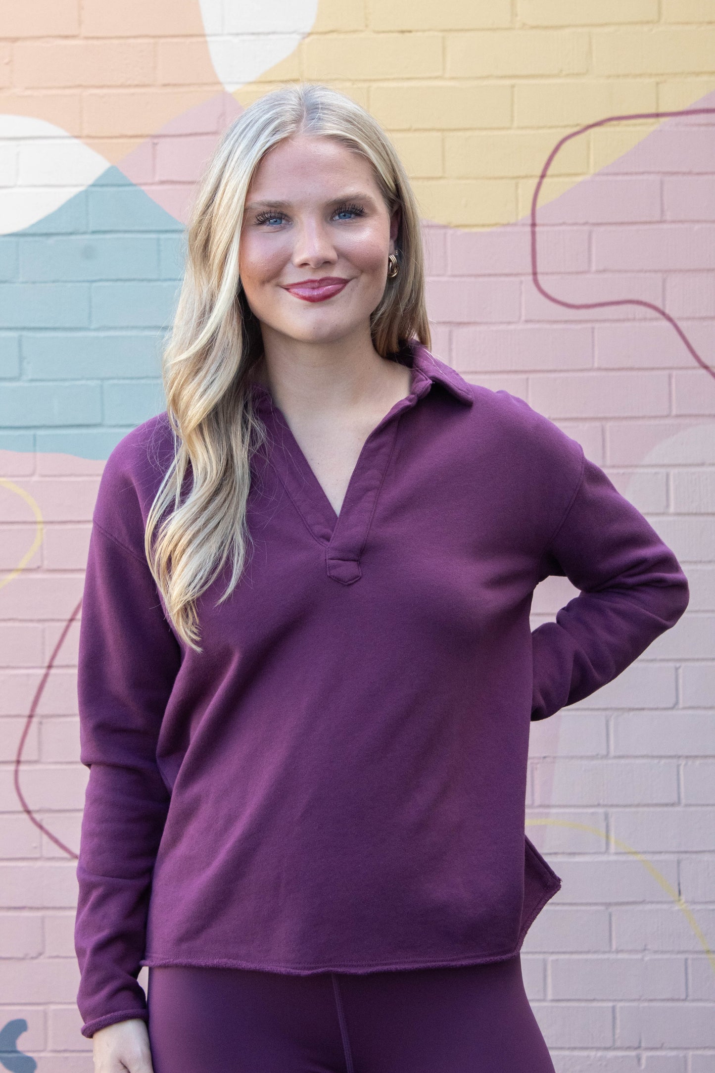  Phoebe Collared Henley Tee, Dark Plum