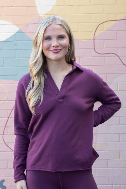  Phoebe Collared Henley Tee, Dark Plum