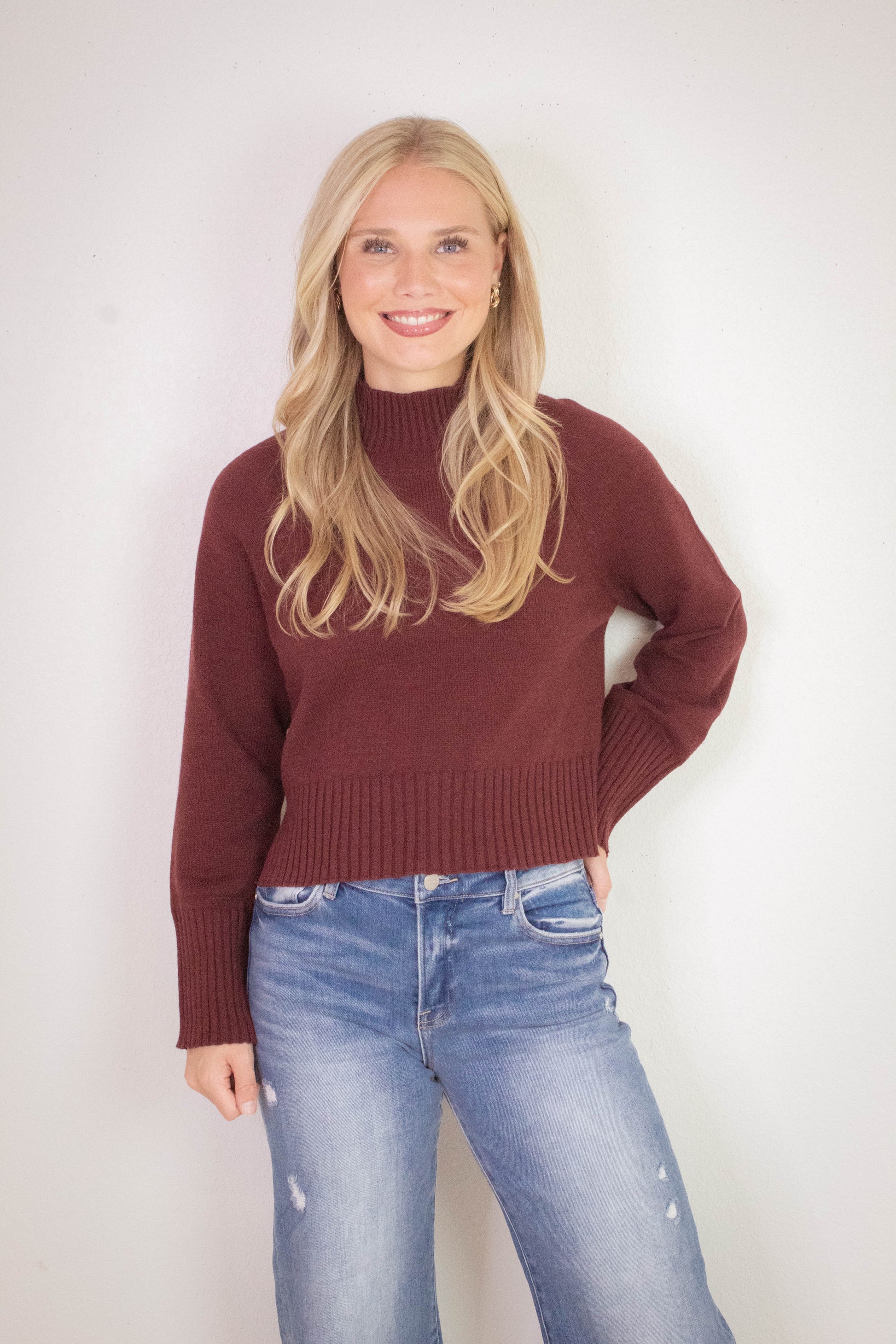  Roxy Mock Neck Rib Detail Sweater, Red Wood