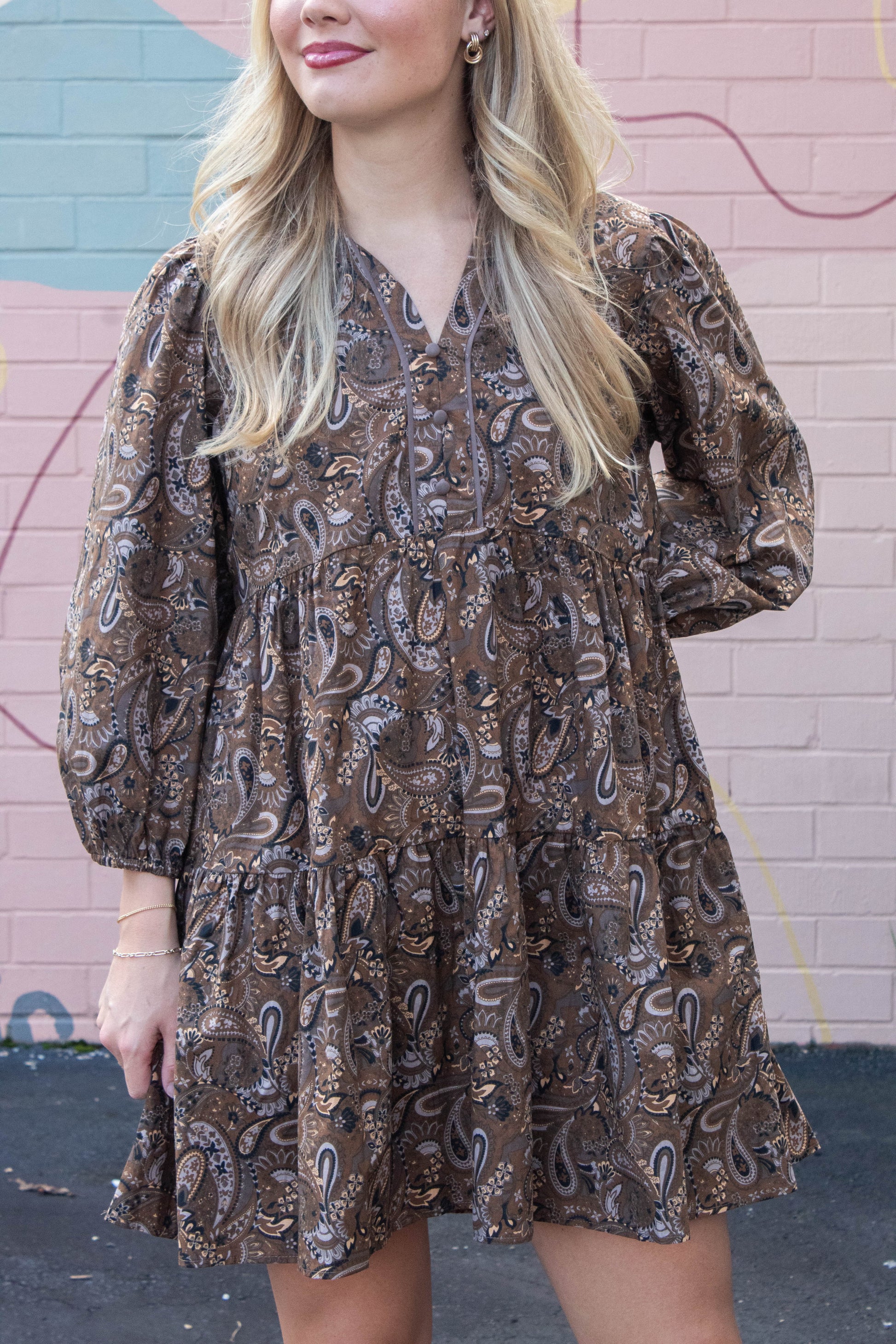  Adaline Paisley Print Mini Dress, Brown