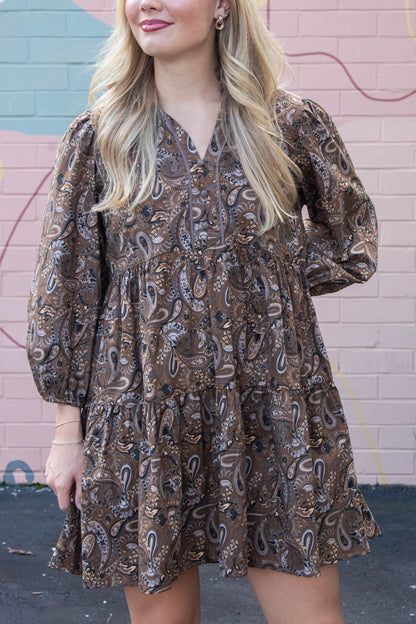  Adaline Paisley Print Mini Dress, Brown