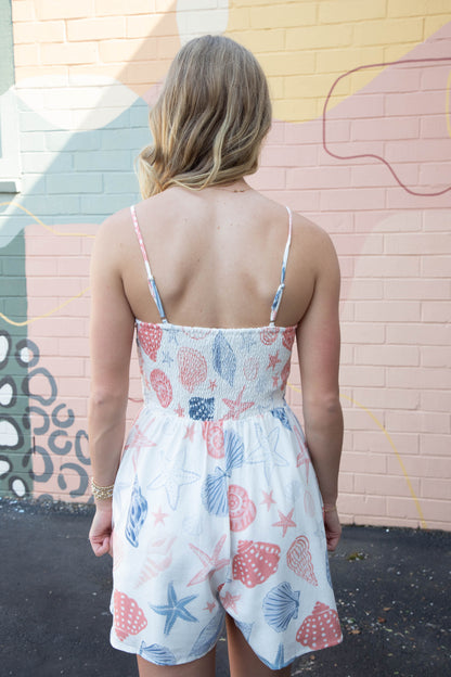  Seashells Pleated Bodice Romper, White Multi | Sadie & Sage