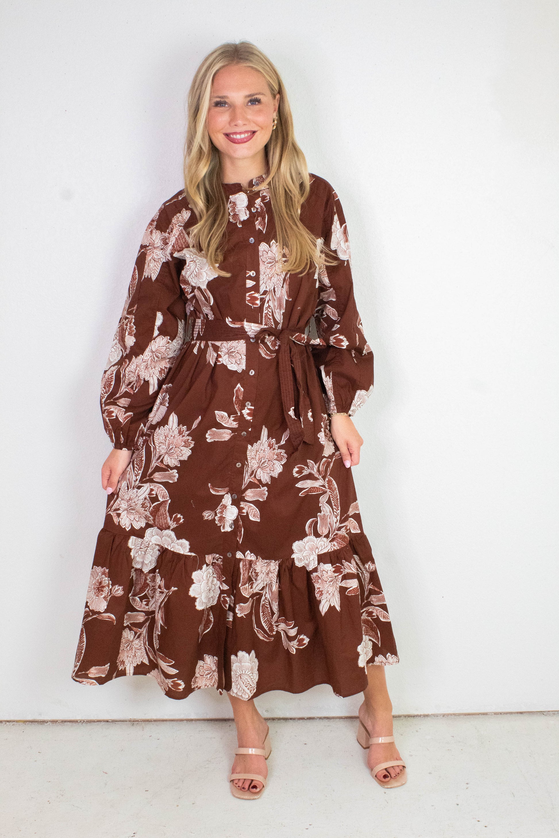  Monroe Floral Belted Maxi Dress, Brown