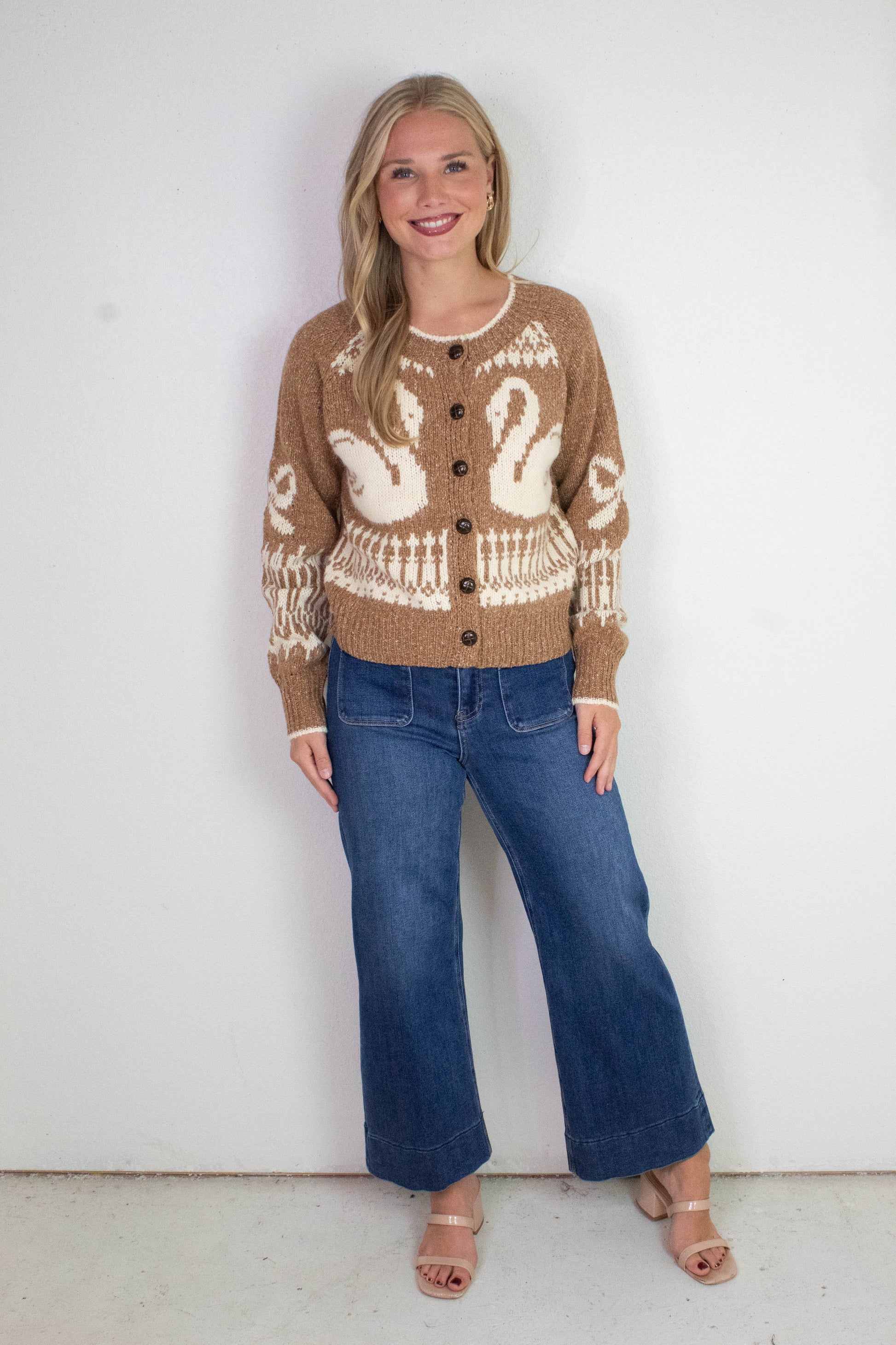  Tali Swan Jacquard Cardigan, Caramel