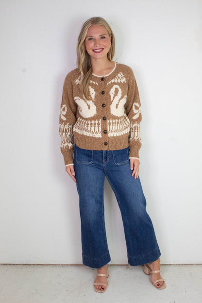  Tali Swan Jacquard Cardigan, Caramel