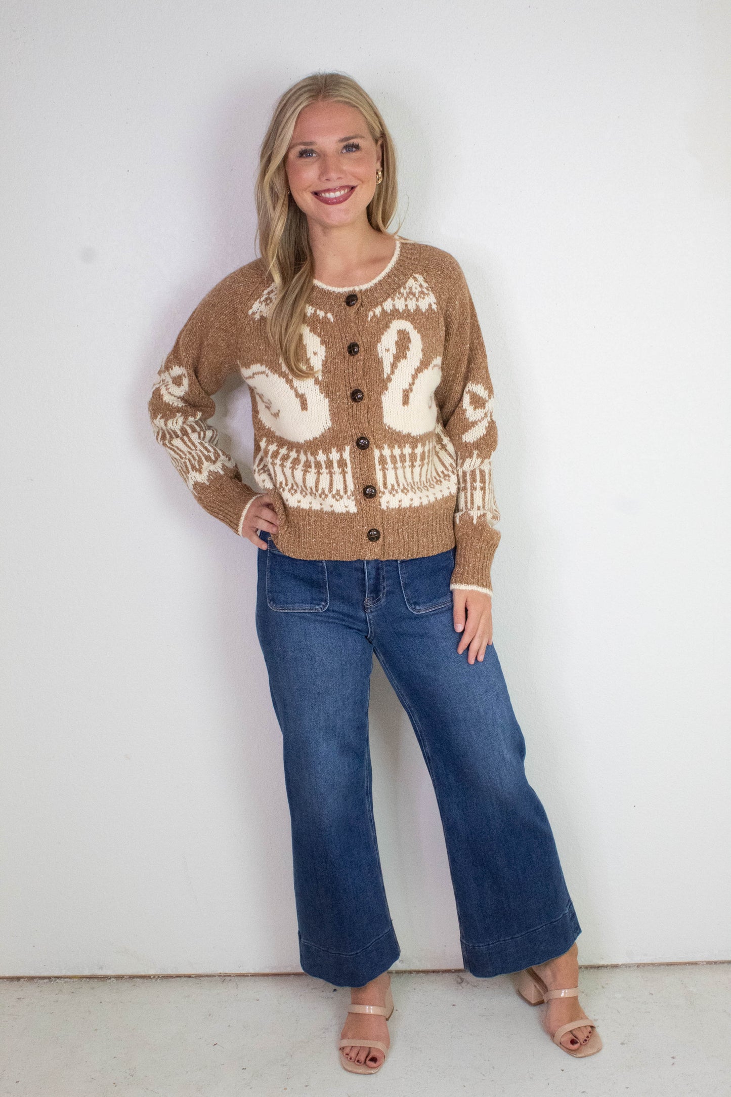  Tali Swan Jacquard Cardigan, Caramel