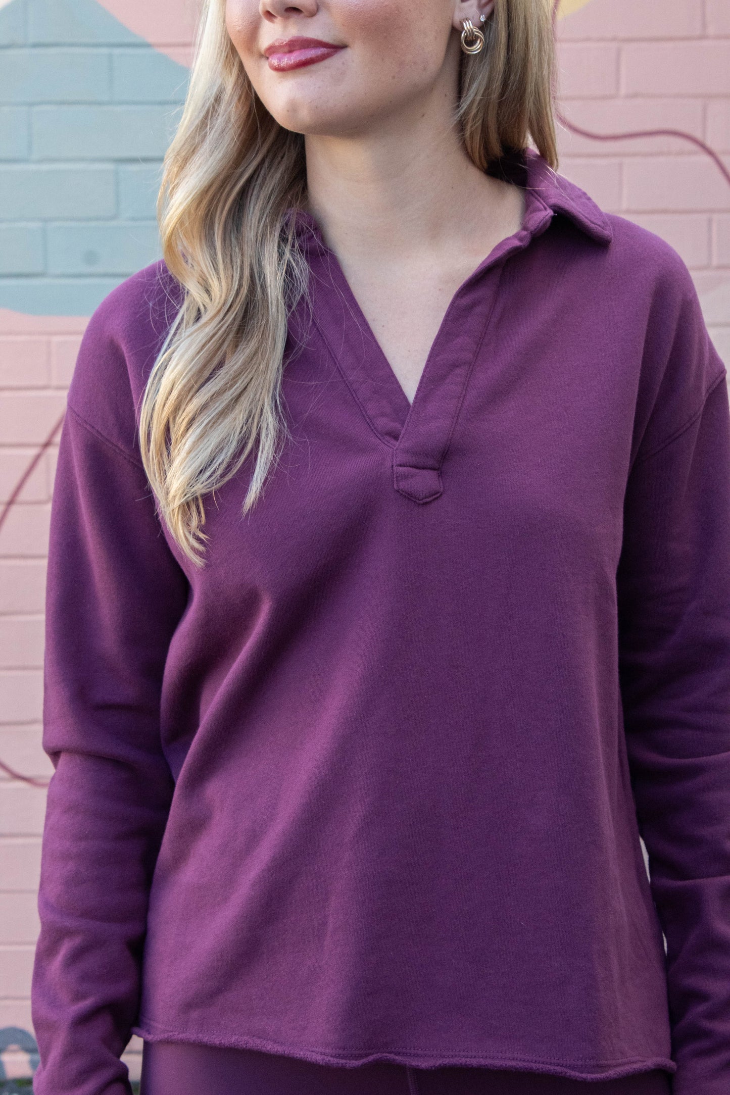 Phoebe Collared Henley Tee, Dark Plum