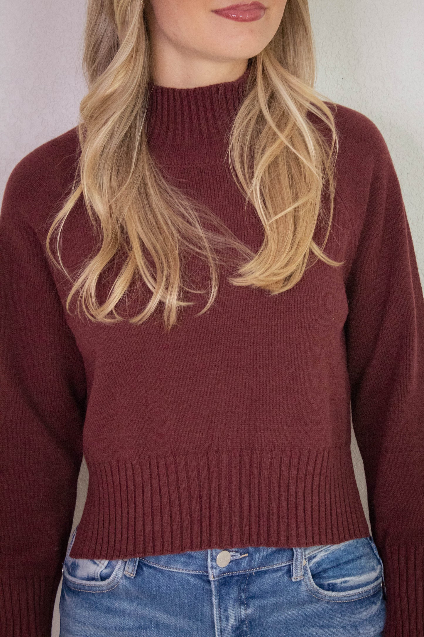  Roxy Mock Neck Rib Detail Sweater, Red Wood