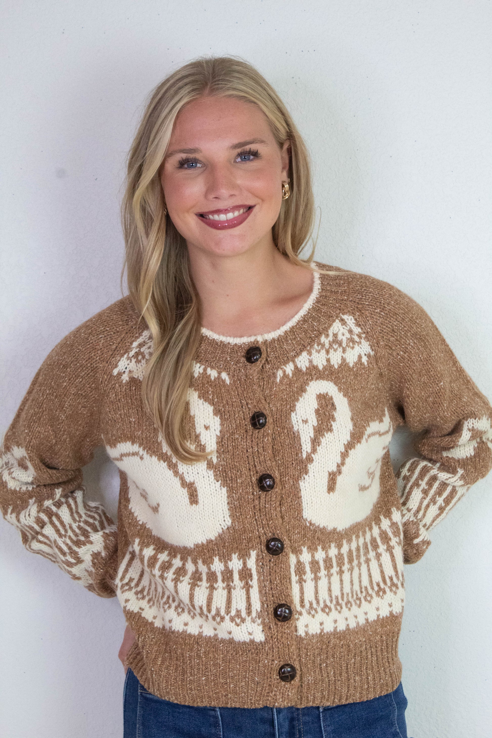  Tali Swan Jacquard Cardigan, Caramel
