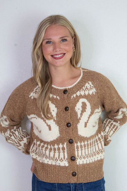  Tali Swan Jacquard Cardigan, Caramel