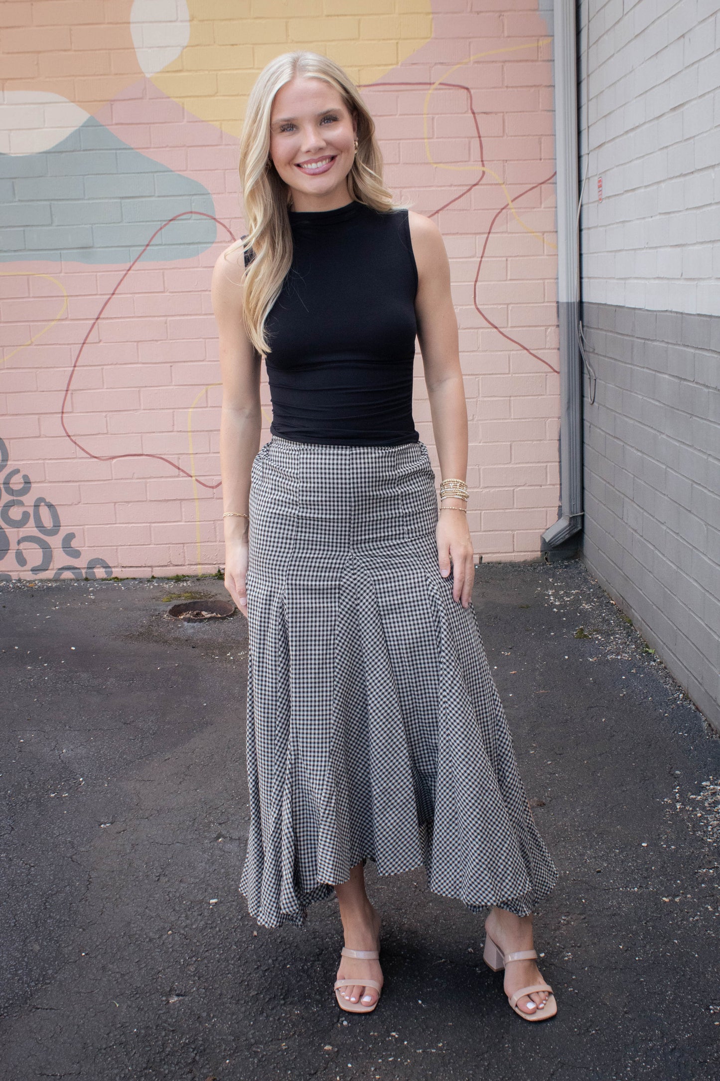  Minerva Checkered Maxi Skirt, Black Taupe