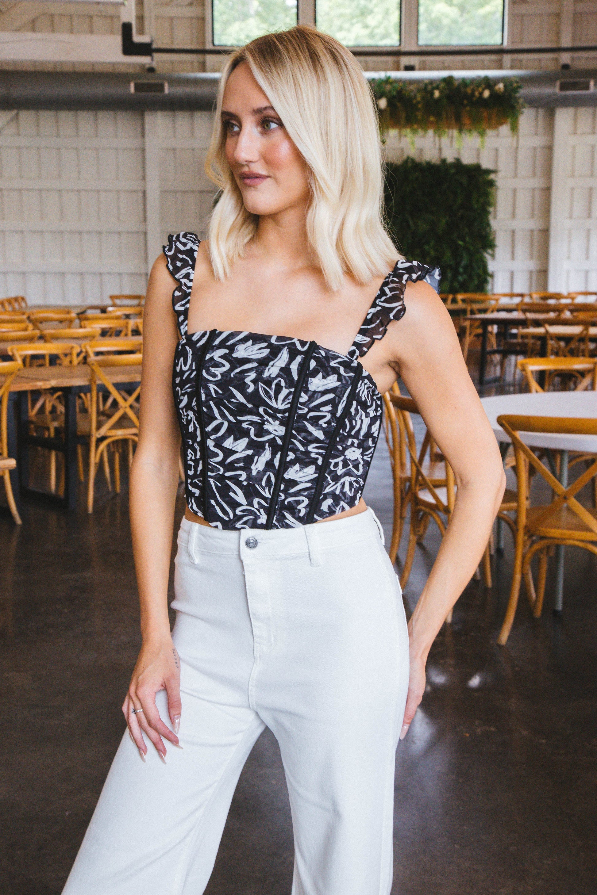  Julia Ruffle Strap Top With Boning, Black