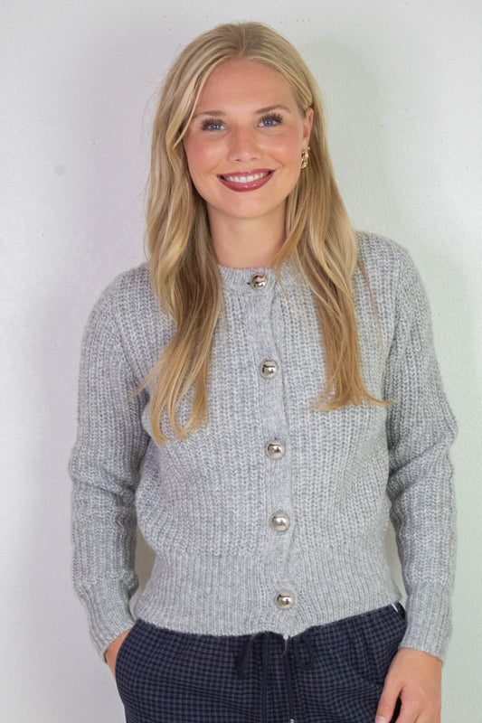  Letrice Silver Button Cardigan, Silver Grey Melange | RD Style