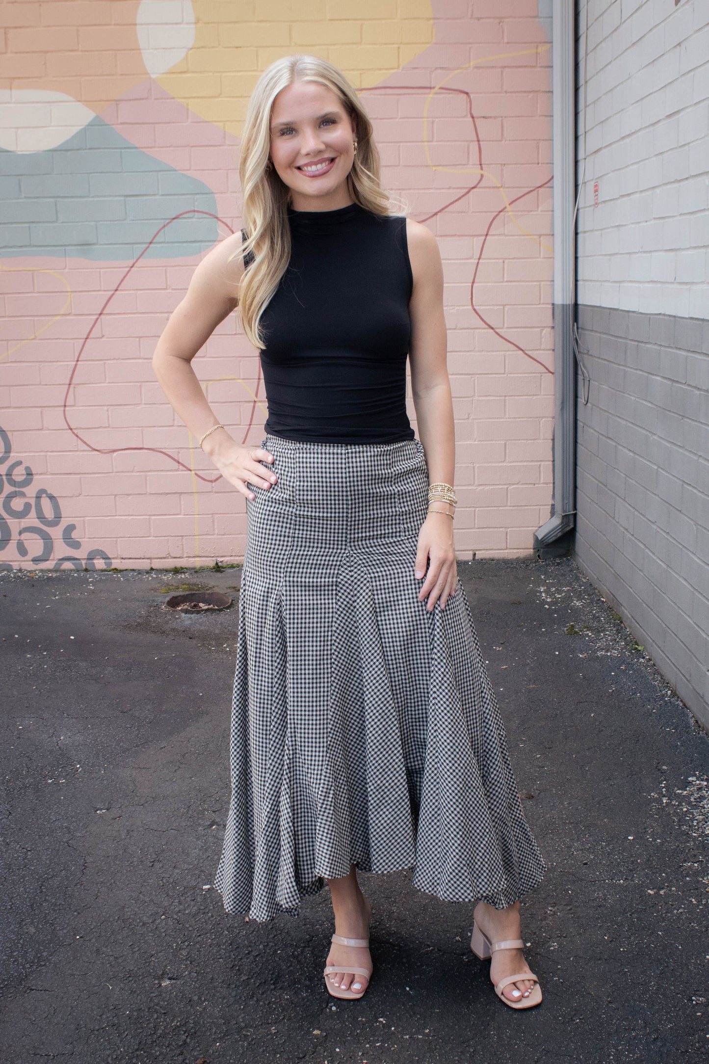  Minerva Checkered Maxi Skirt, Black Taupe