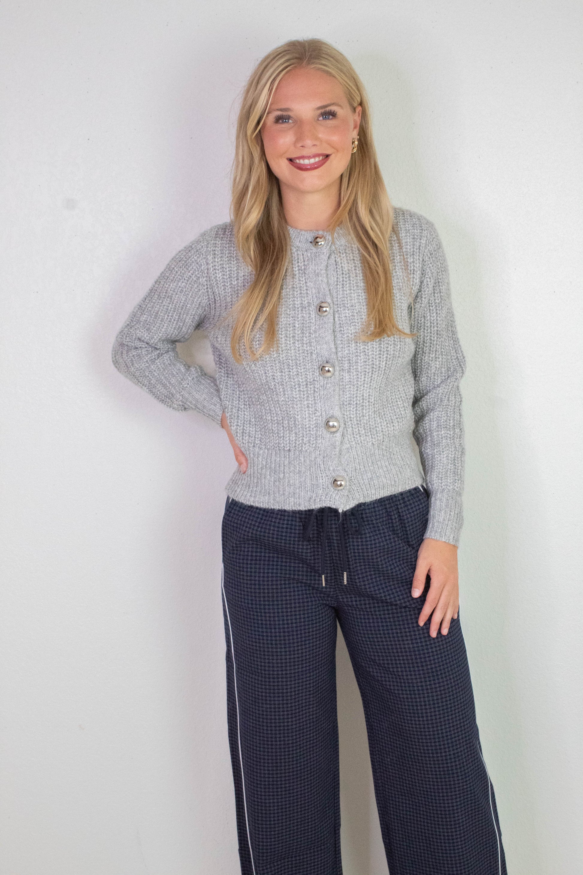  Letrice Silver Button Cardigan, Silver Grey Melange | RD Style