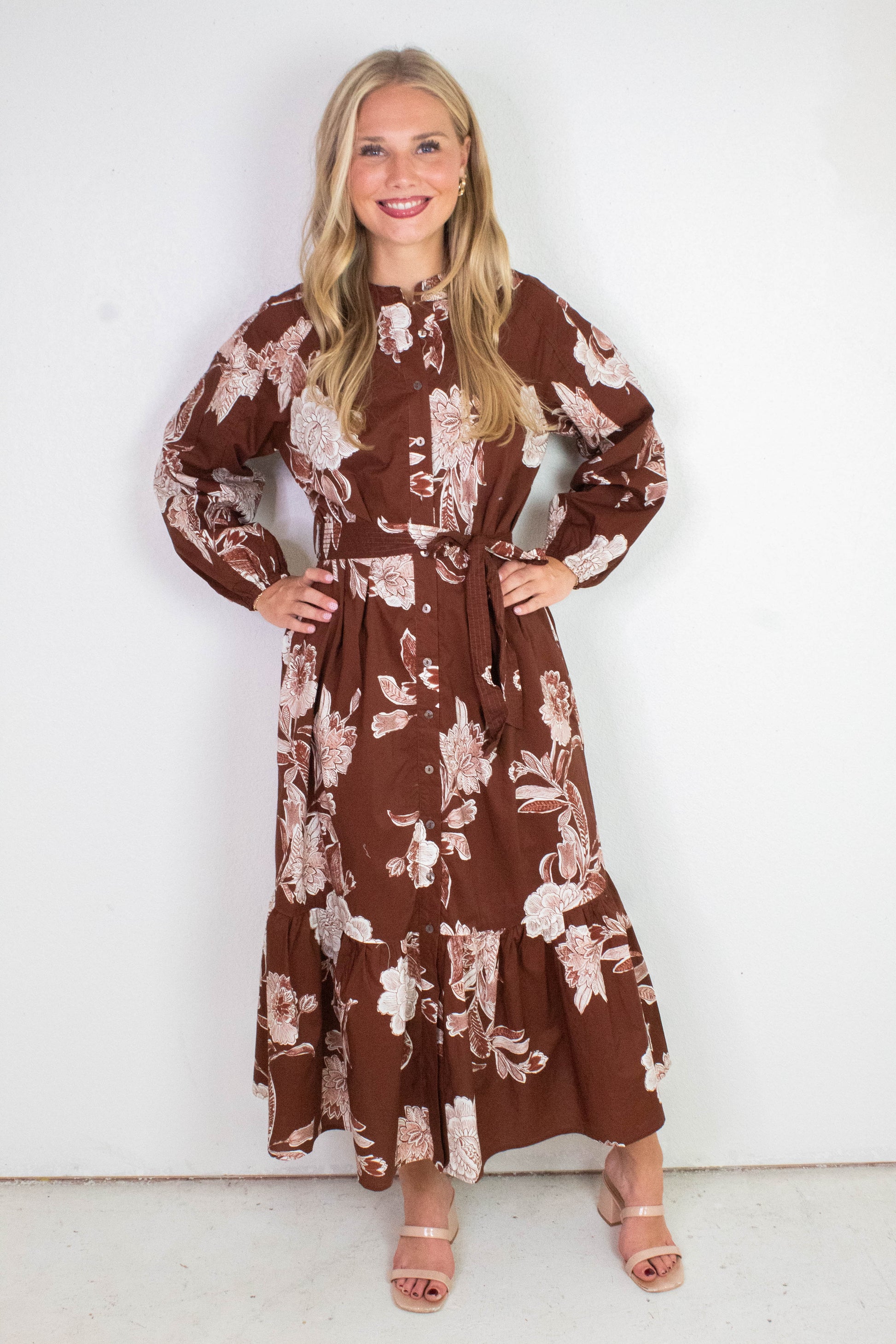  Monroe Floral Belted Maxi Dress, Brown