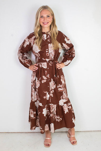  Monroe Floral Belted Maxi Dress, Brown