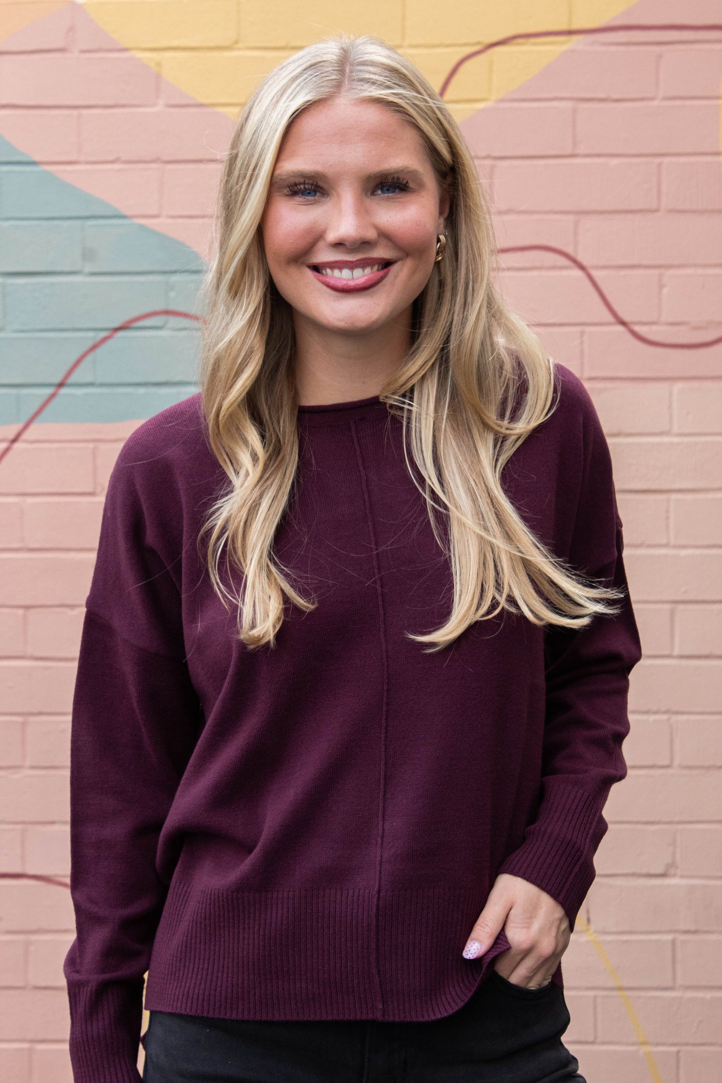  Kenzie Roll Neck Seam Front Sweater, Dark Cherry