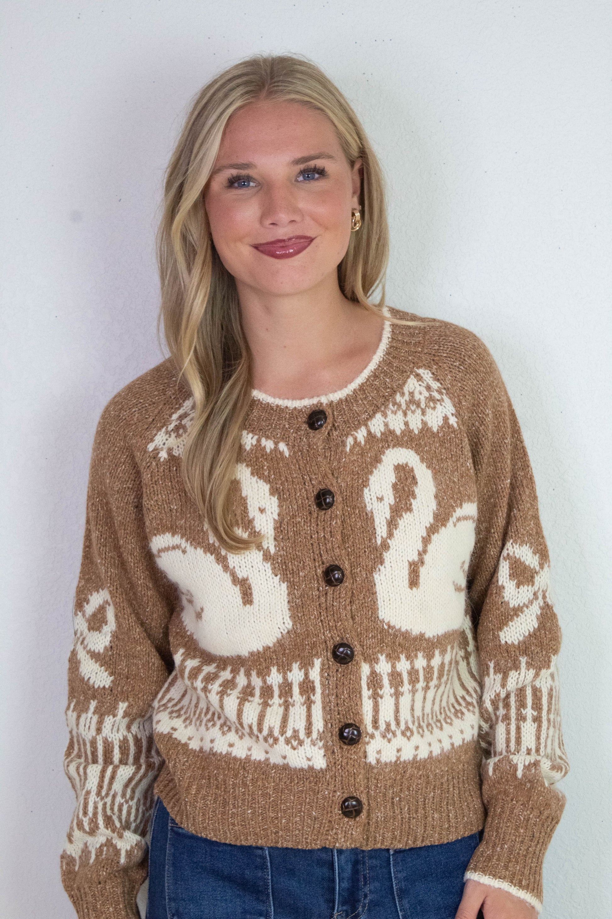  Tali Swan Jacquard Cardigan, Caramel