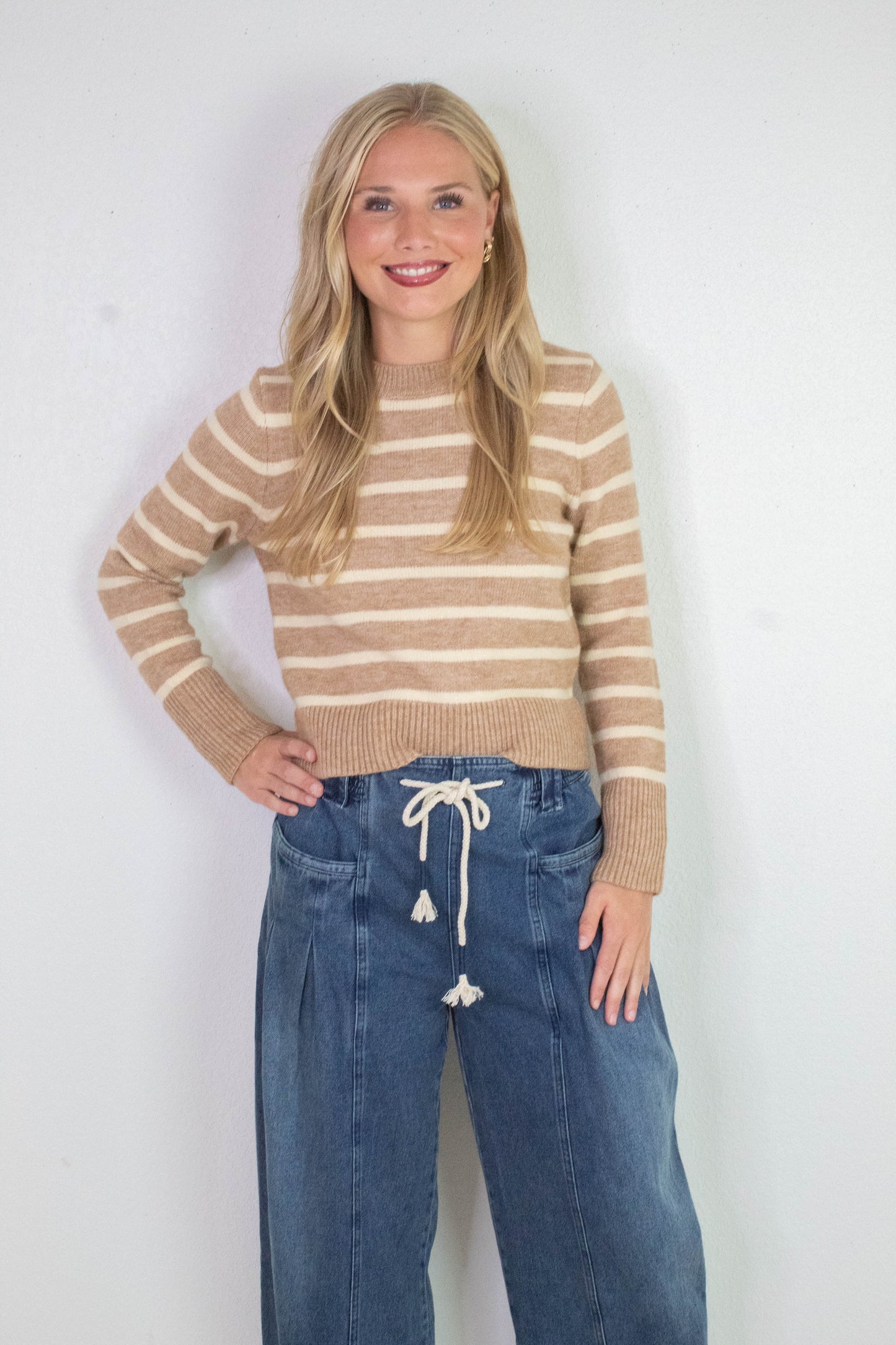  Sheri Striped Sweater, Taupe Cream | Sadie & Sage