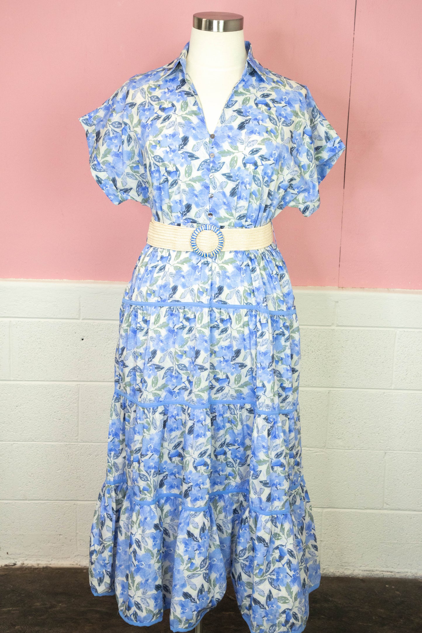  Margot Floral Tiered Belted Dress, Blue | Plus Size