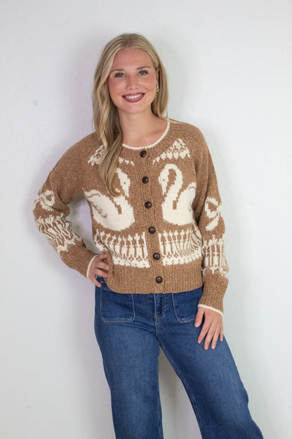  Tali Swan Jacquard Cardigan, Caramel