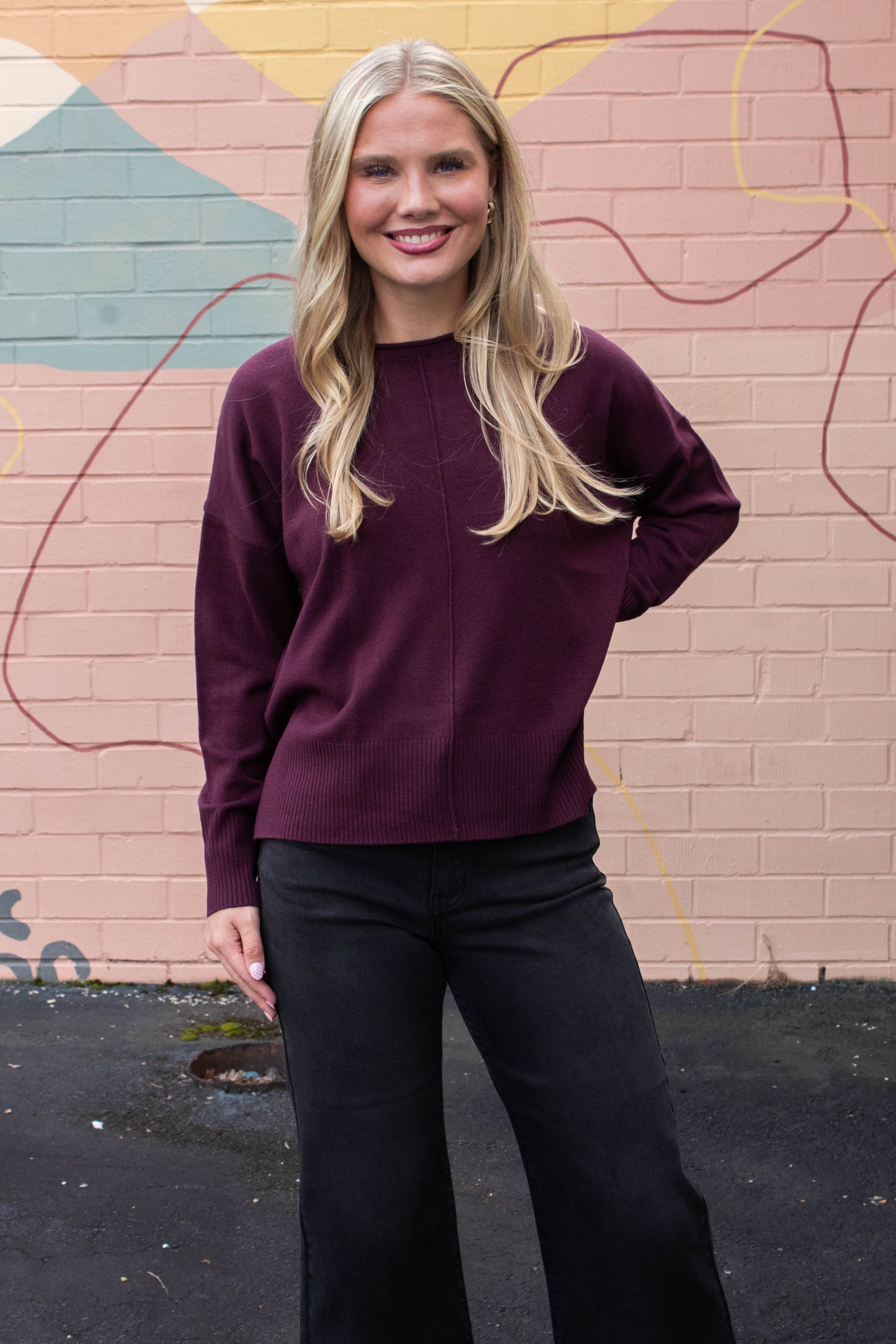  Kenzie Roll Neck Seam Front Sweater, Dark Cherry