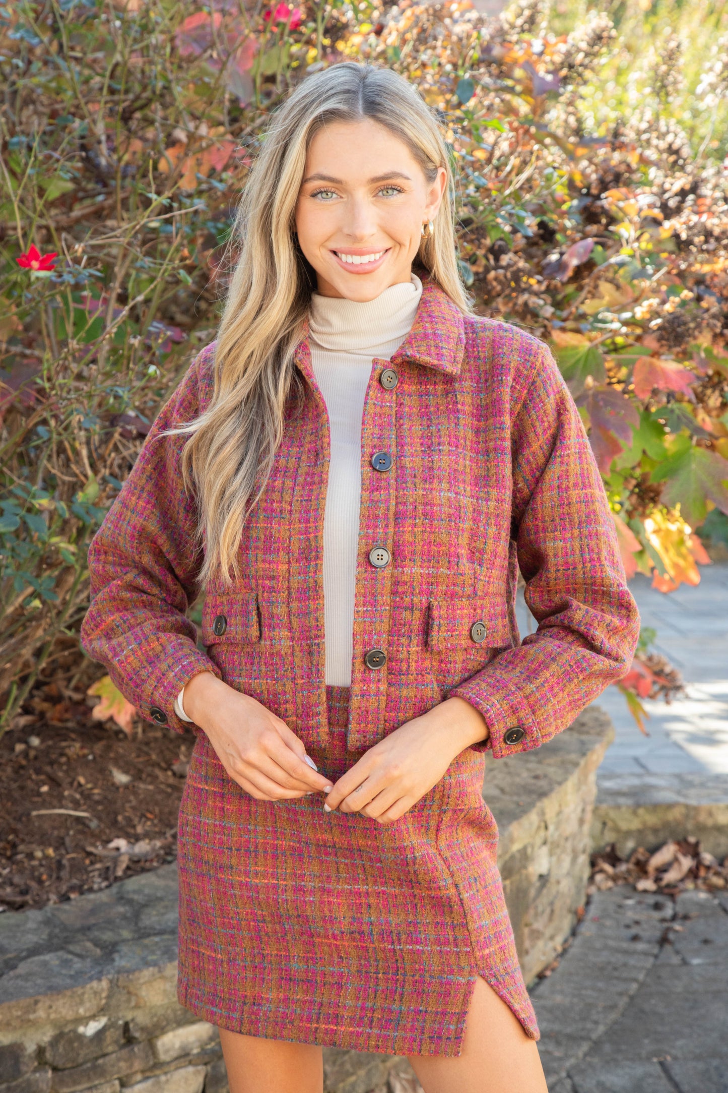  Kiah Tweed Mini Skirt, Plum/Camel